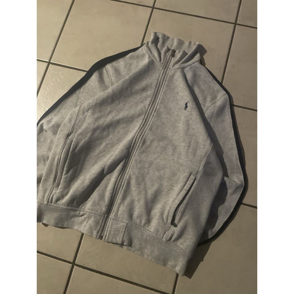 Vtg Polo Ralph Lauren Jacket Mens Large Gray Full Zip Track Athletic Logo Stripe